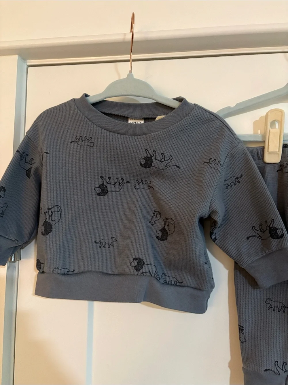 Carter’s Baby Boy Gray Sweatshirt & Jogger Waffle Knit Set with Animal Print